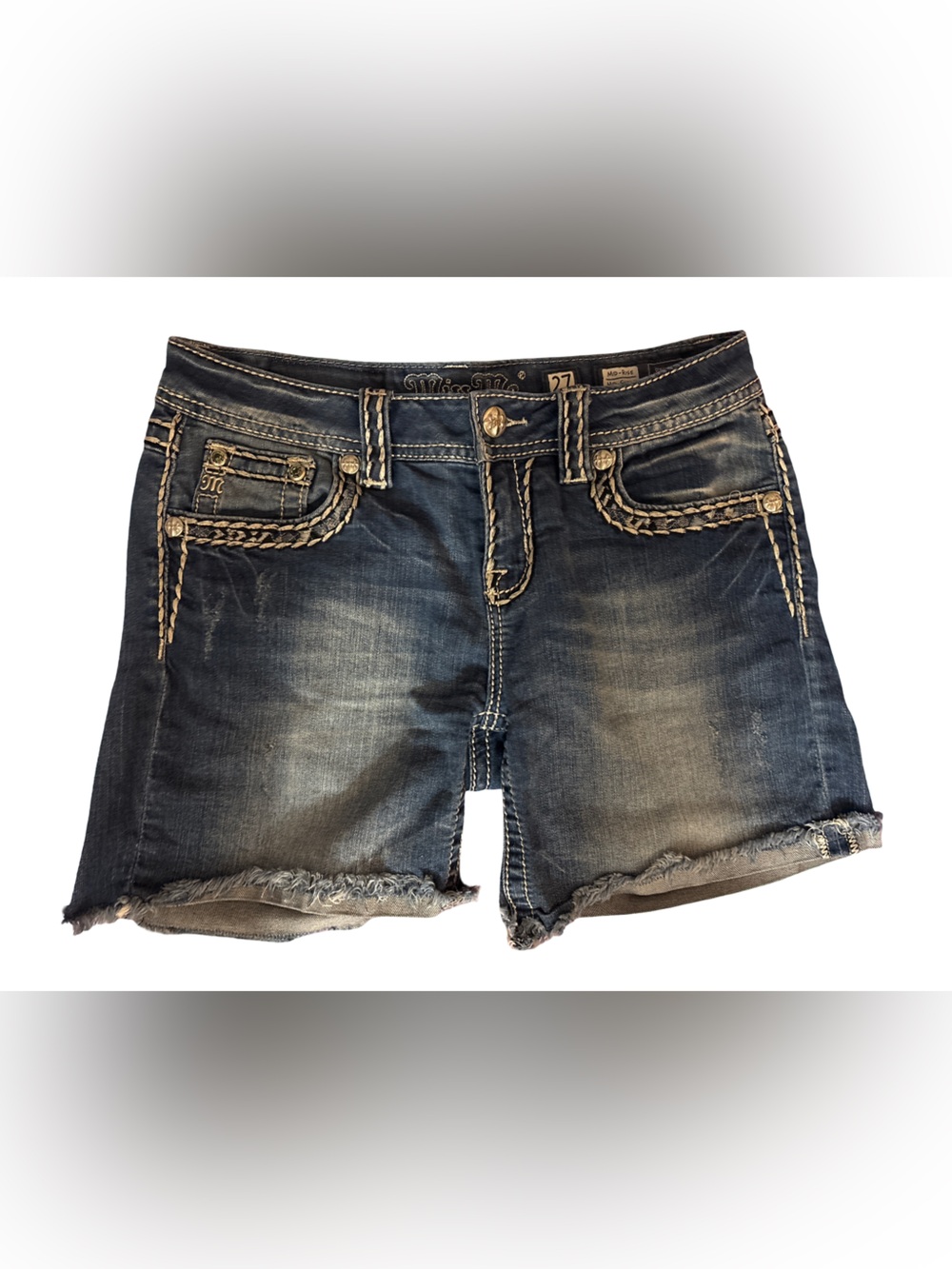 Miss Me Dark Blue Distressed Denim Shorts with Contrast Stitching
